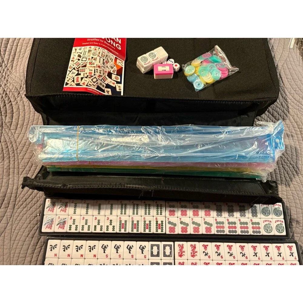 166 Black American Printed Mahjong Game Set with Carrying Bag and Accessories,1.